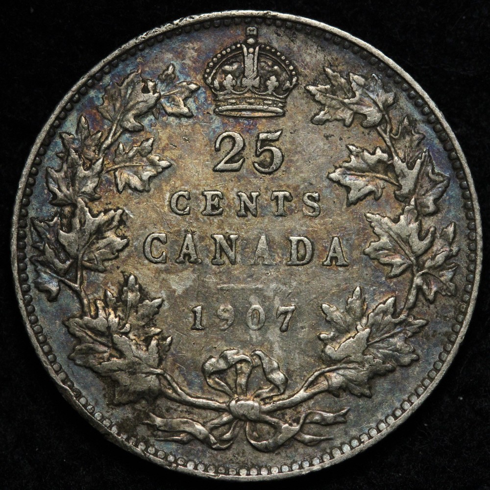 1907 Canada SILVER Twenty Five Cents VF TONED E326 DADCH