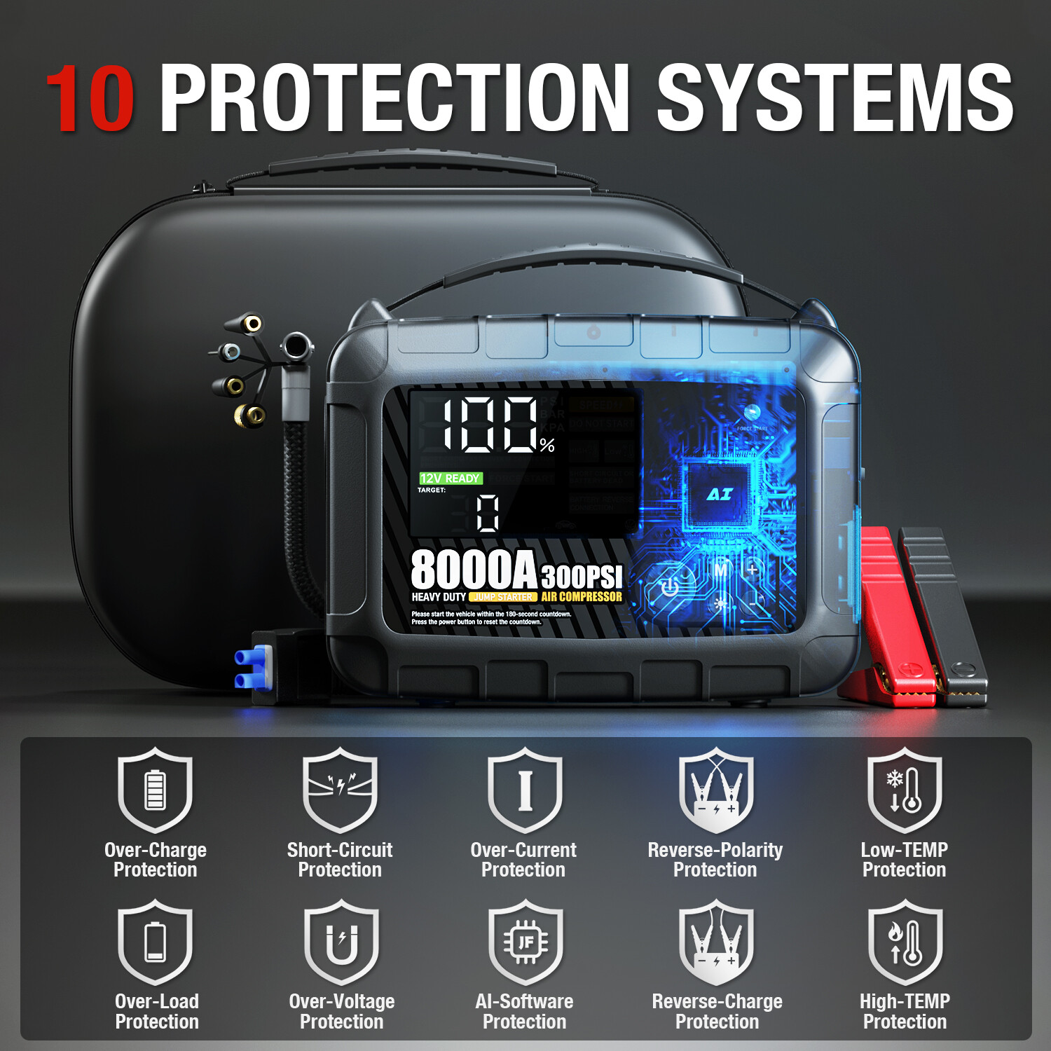 AdoreTrip 8000A Jump Starter +300PSI Air Compressor Battery Power Bank Emergency