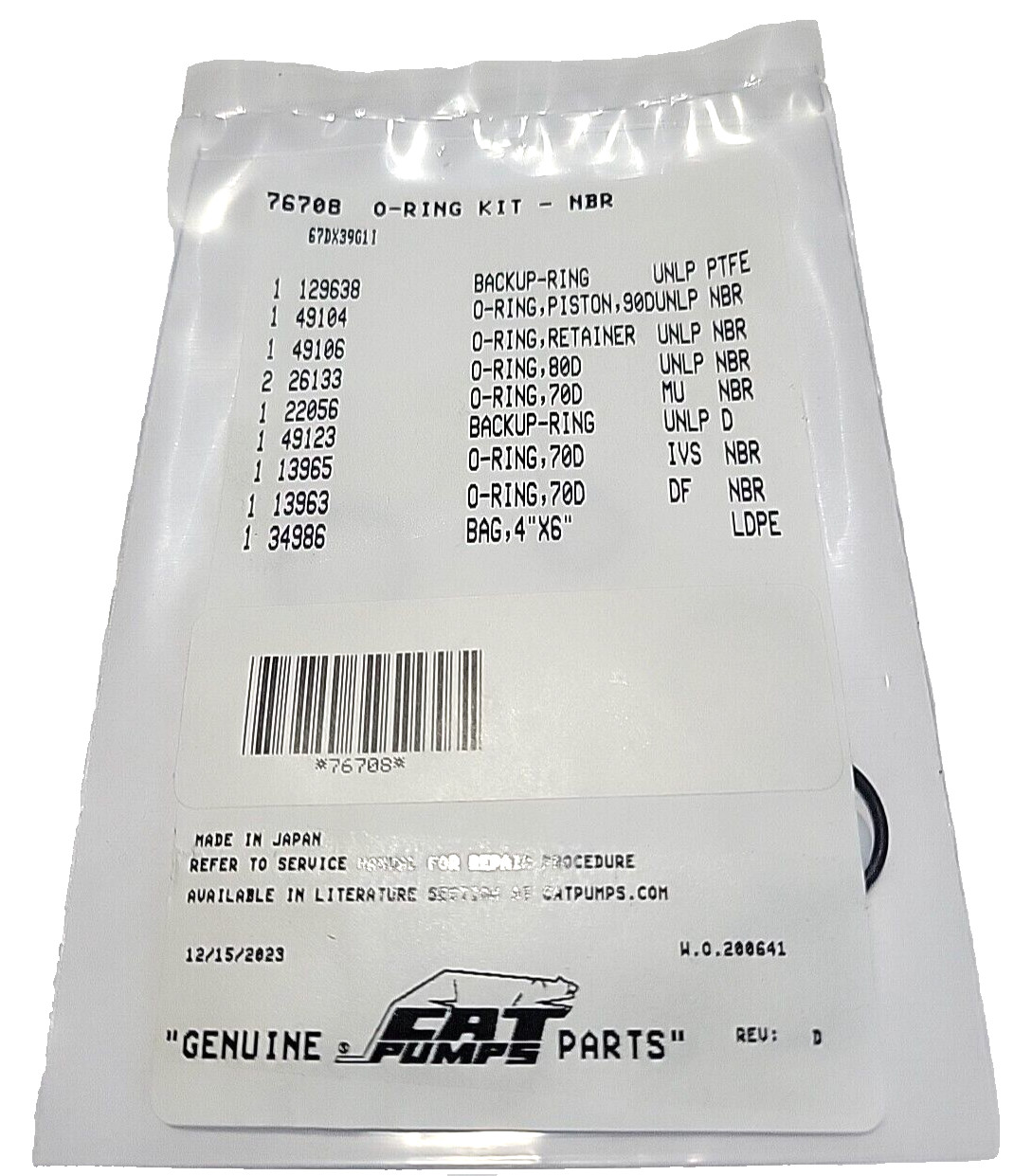 #76708 Cat Pumps Unloader O-ring Kit  Cat , 67DX39G1I  Pumps OEM