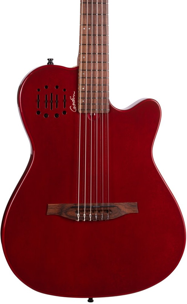Godin Multiac Mundial Thinline A/E Classical Guitar, Solid Cedar Top, Aztek Red