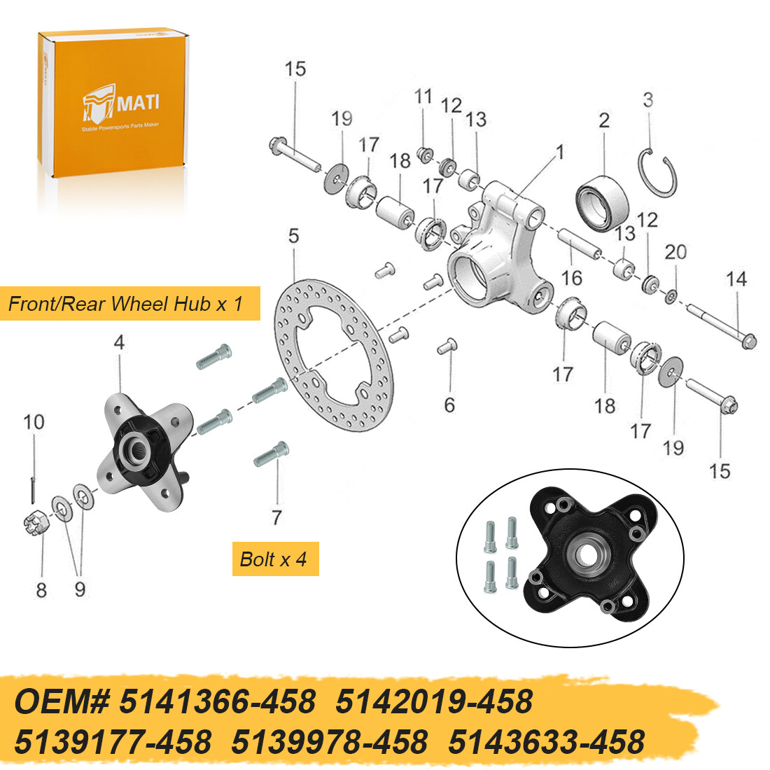 Front/Rear Wheel Hub for Polaris RZR 900 RZR Trail 900 RZR Trail S 900 2015-2025