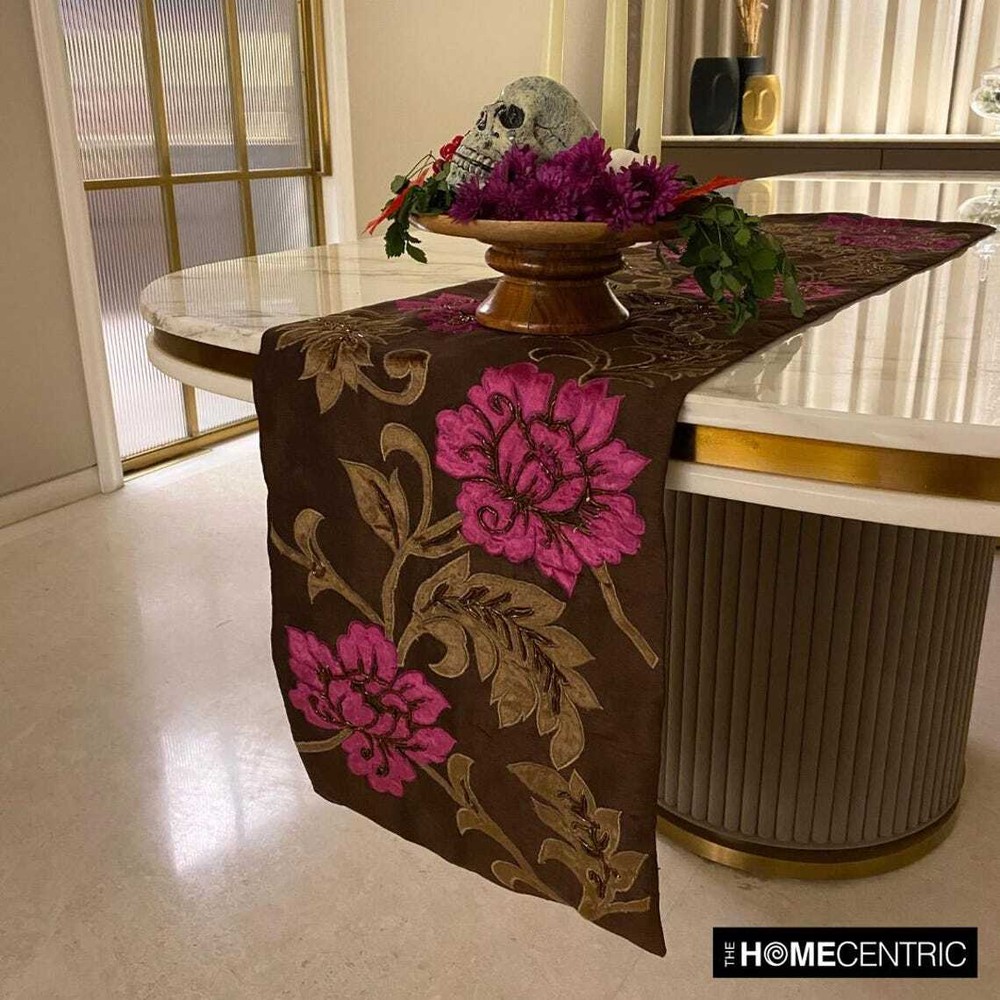 Decorative Table Runner Brown Silk Wedding Décor Table Décor - Blossoms Applique