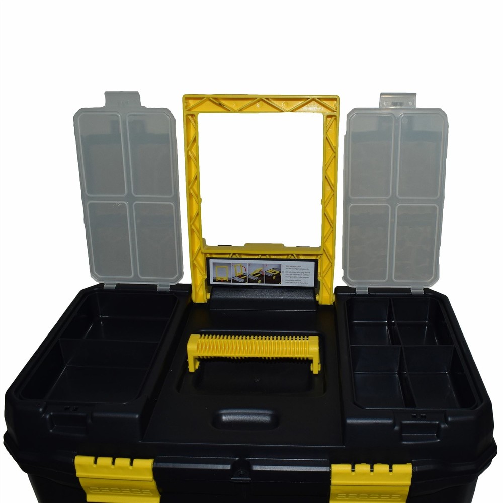 Plastic Double Tool Box Toolbox Storage Pull Along Handle Trolley 9 Compartment