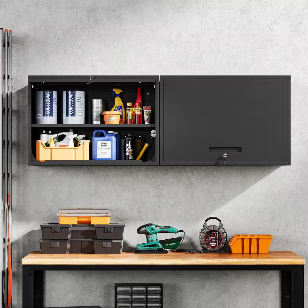 Black 31.5 In. W X 21.6 In. H X 15.7 In. D Steel Garage Wall Cabinet with 2 Shel