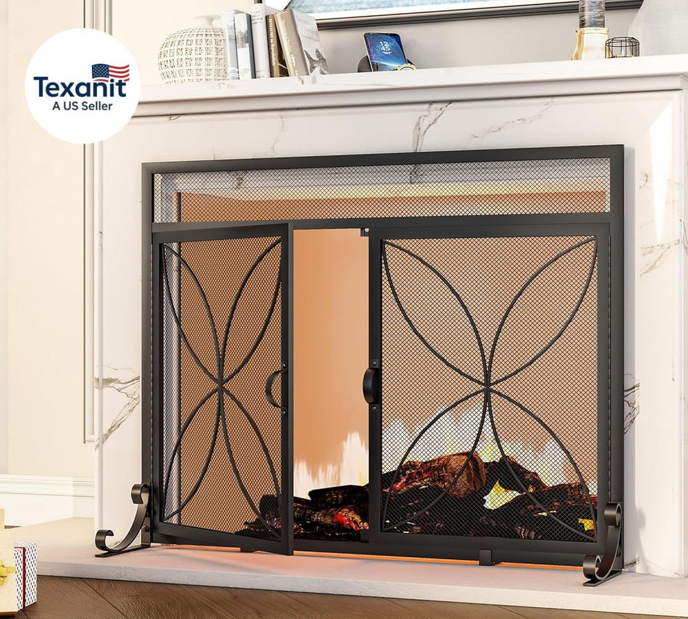 Fireplace Screen with Magnetic Doors,Handcrafted Wrought Iron Classical Scroll D