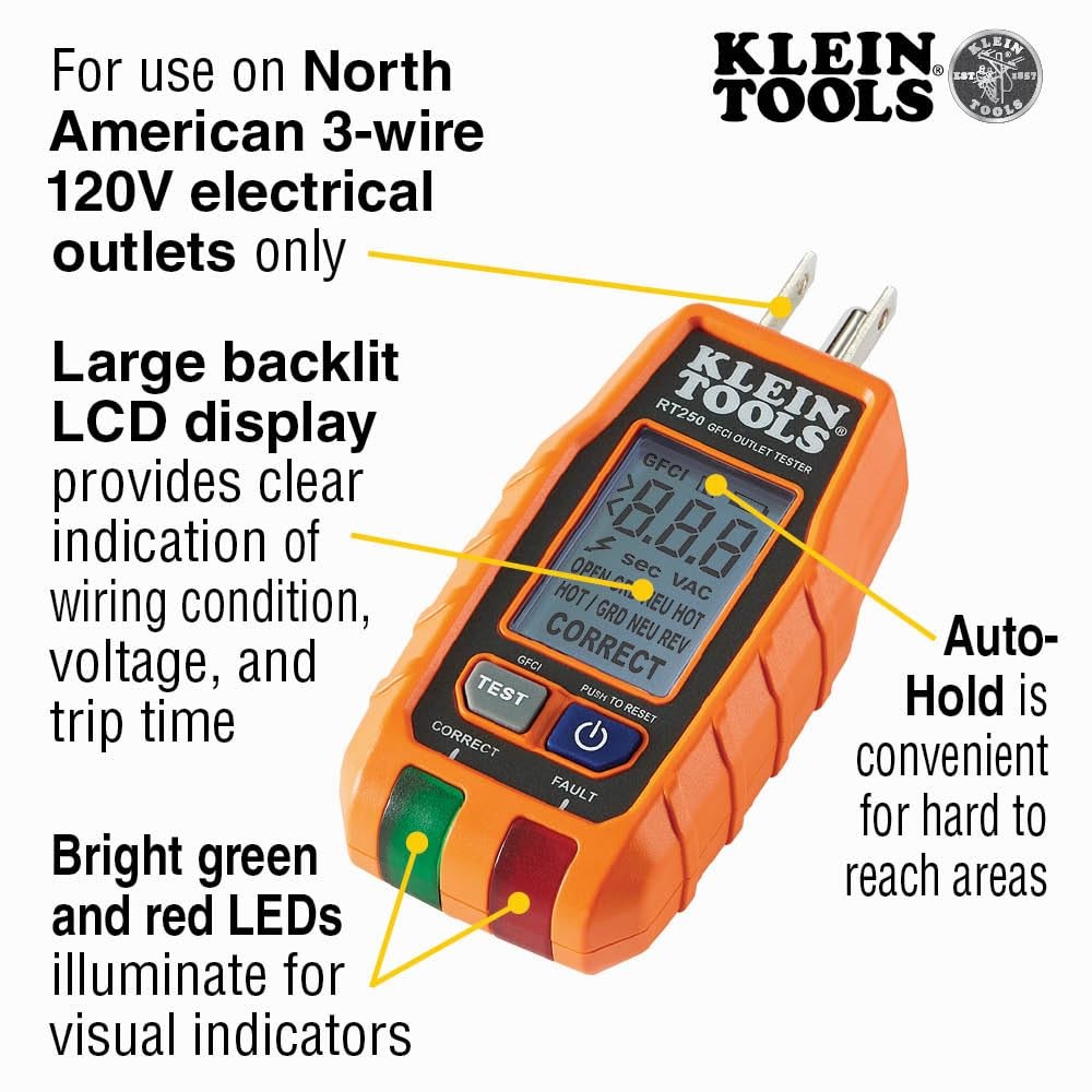 Klein Tools RT250 GFCI Outlet Tester with LCD Display, Electric Voltage Multi