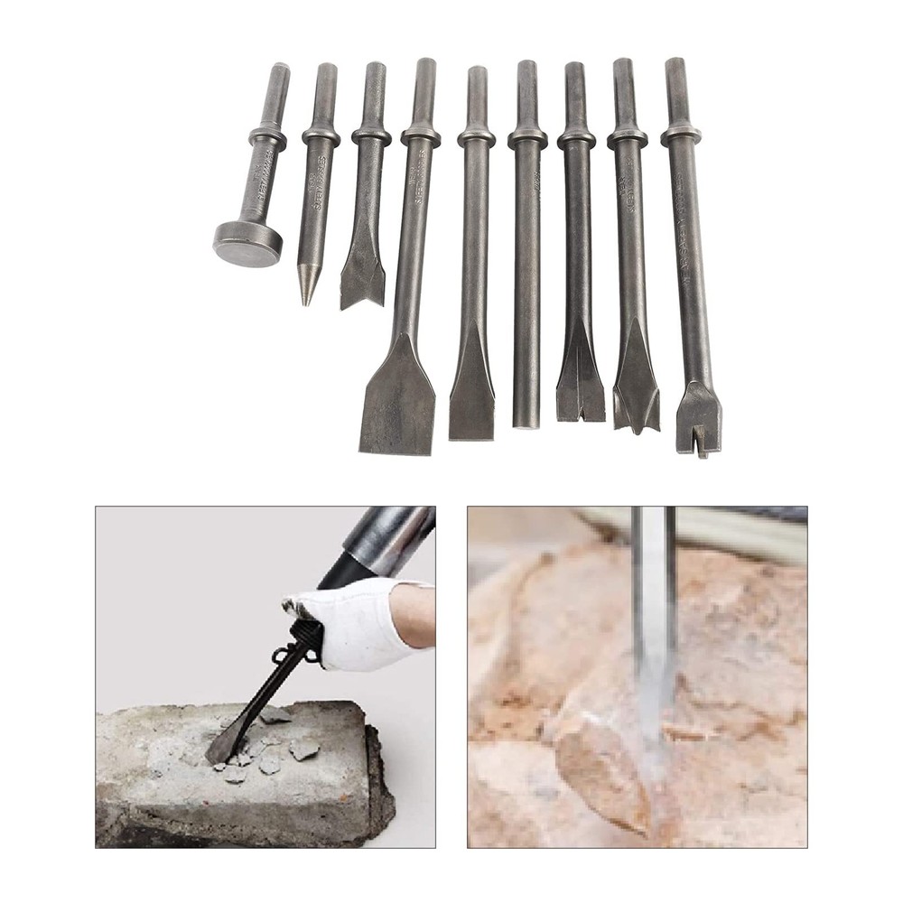 9Pcs Pneumatic Air Hammer Punch Chipping Bits Tool Chisel 0.39In Shank Tool Set