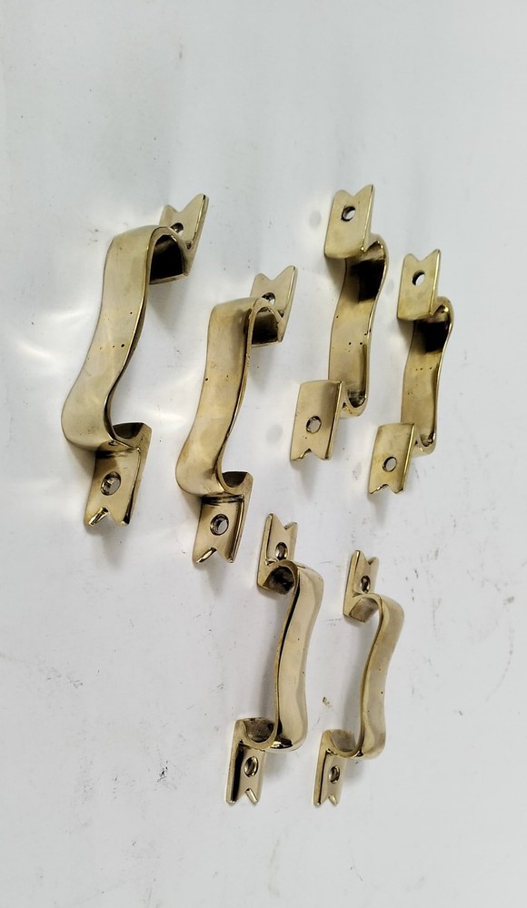 6 PULLS 4" handle heavy ribbon solid heavy brass old style kitchen GRAB 10 cm