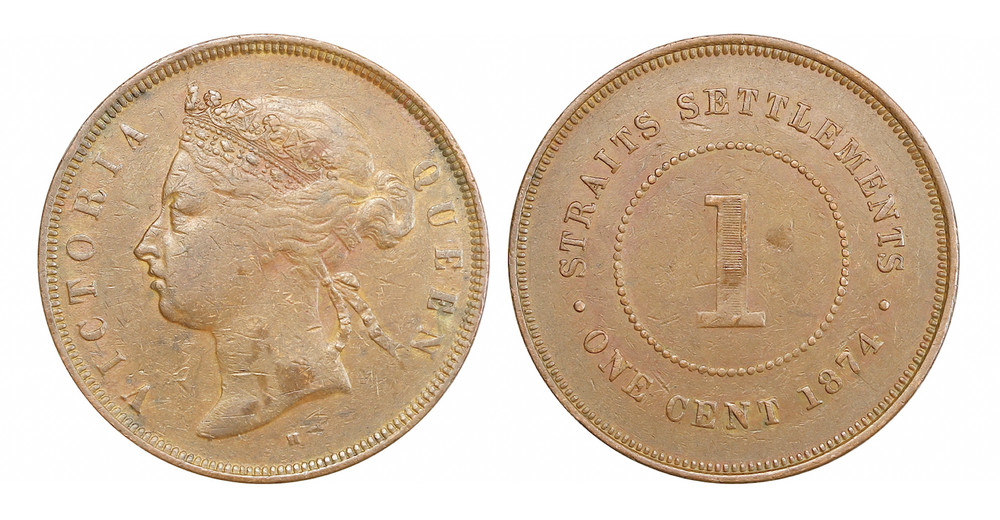 A160, Straits Settlements, Victoria, 1 Cent 1874 Good Grade!