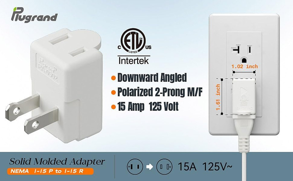 Polarized 2-Prong L Type Adapter, Vertical Right Angled down Angle AC Adapter, N