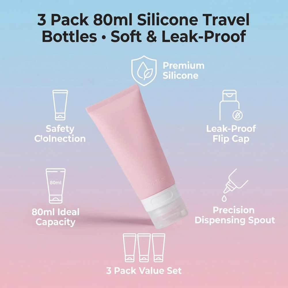 ‌3Pcs 80ml/2.7oz Pink Empty Refillable Silicone Squeeze Tubes with Transparen...