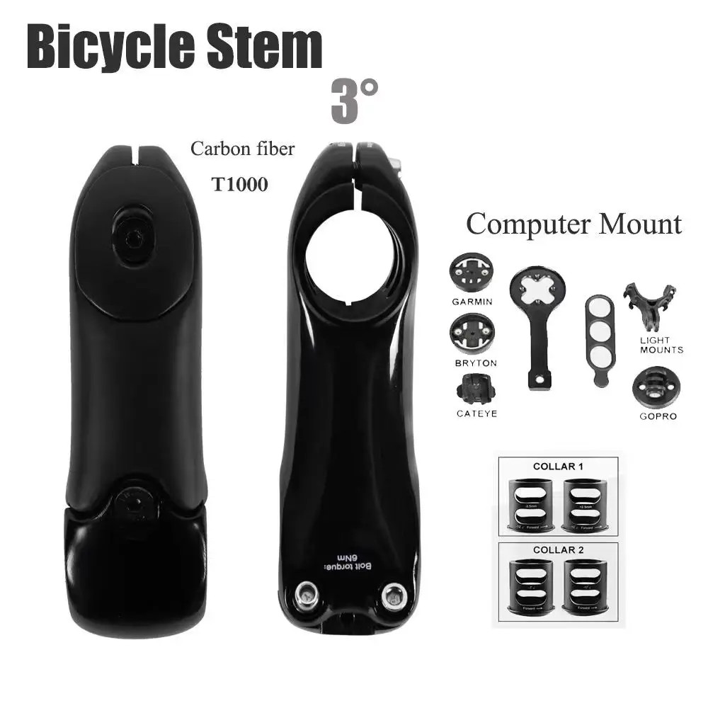 3 Degrees Carbon Fiber MTB/Road Bicycle Stem Includes Computer Computer Mount