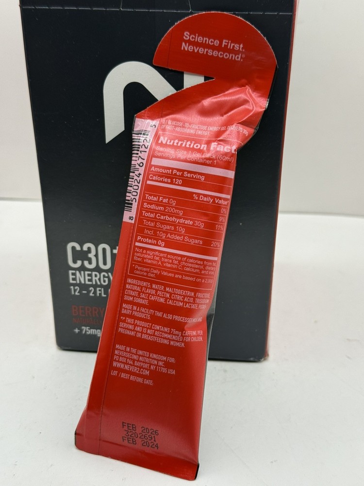 Neversecond C30 Energy Gel, Performance Nutrition and Hydration 12 Packets Berry