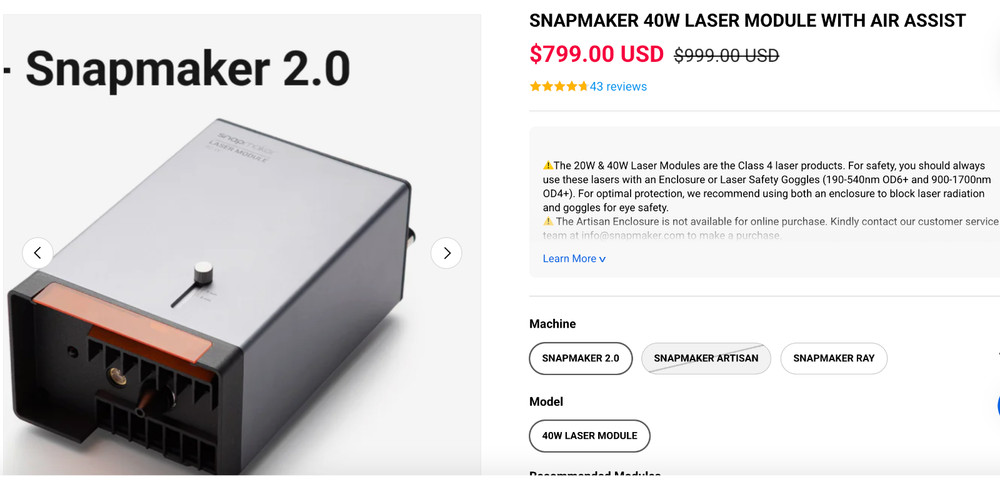 Snapmaker 40 watt laser engraver/cutter Module