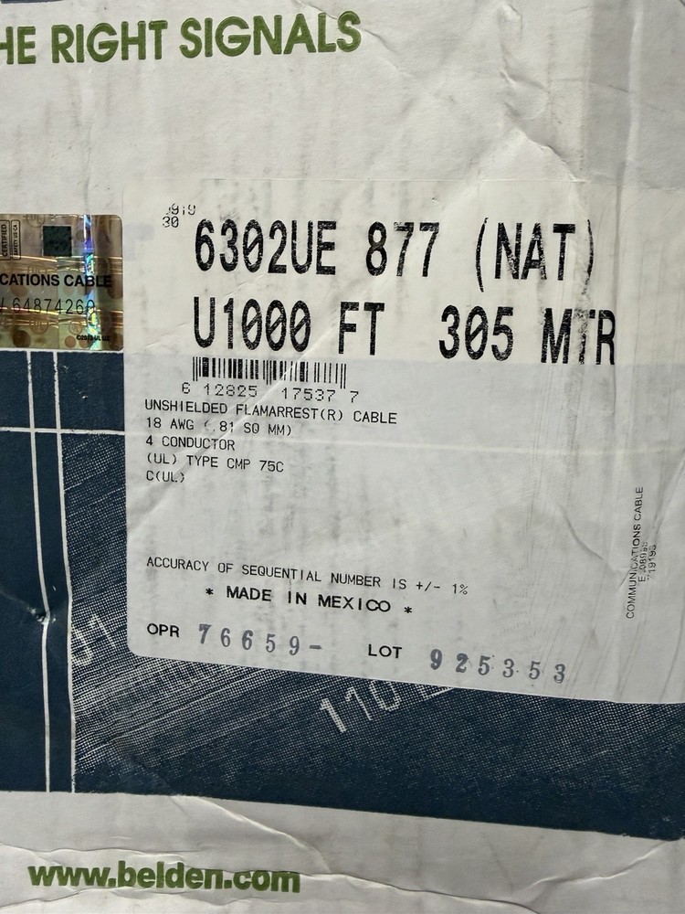 Belden 6302UE 18AWG 4-Conductor CMP Plenum Control Cable ~280 FT White
