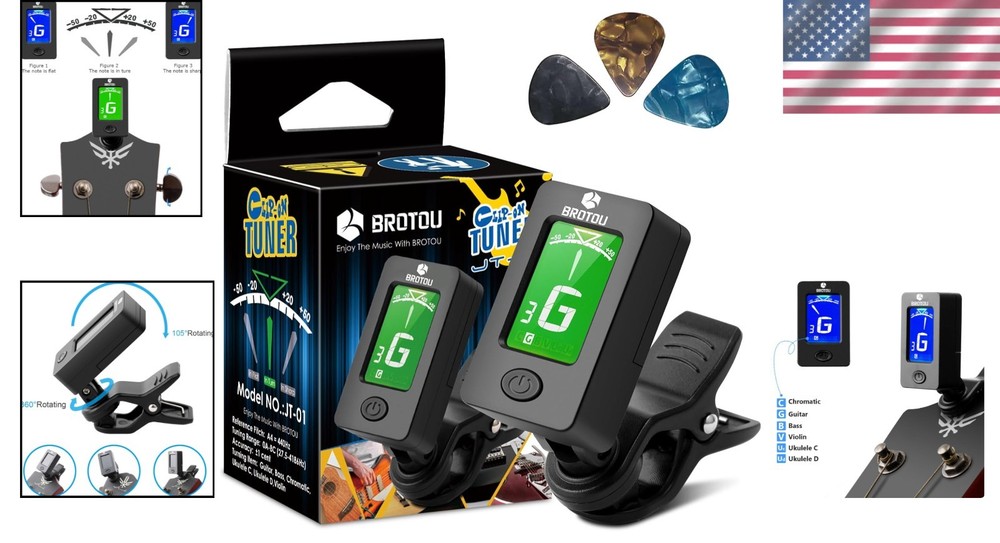 Compact Clip-On Guitar Tuner with Backlit LCD and Automatic Shut-Off Feature