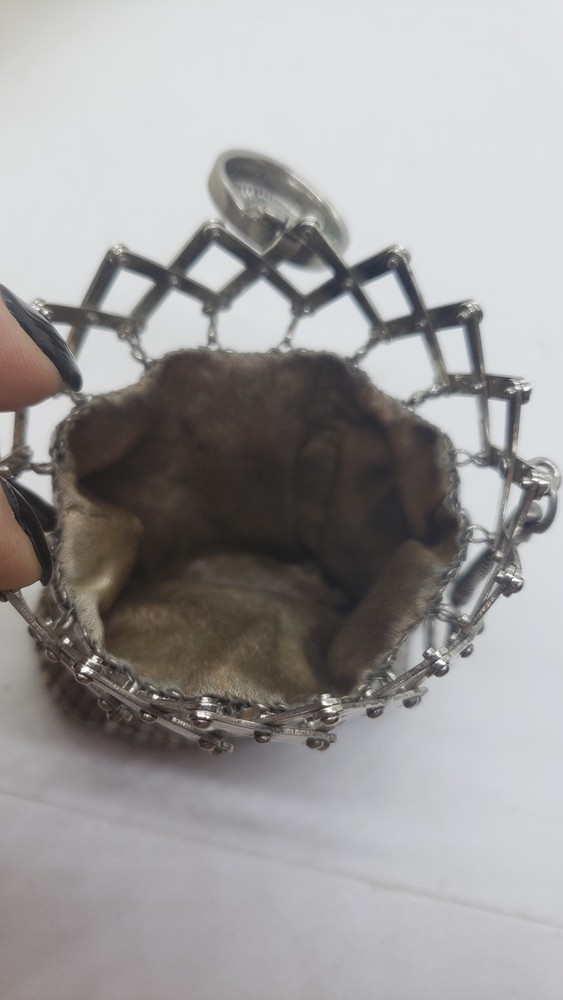 Vintage chatelaine Silver Mesh Coin Purse Compact Expanding Frame Enamel Accent