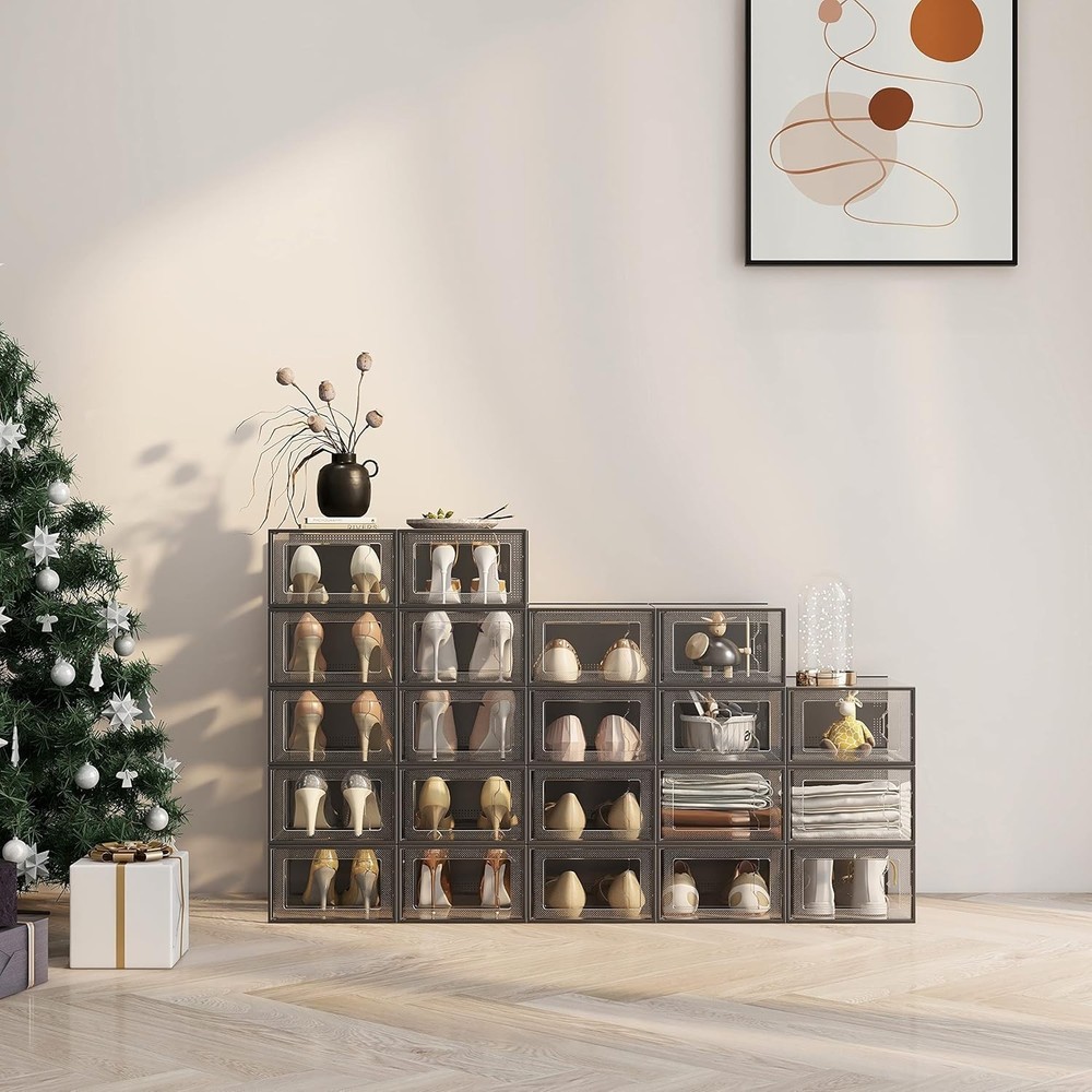 12/24 Pack XL Clear Drop Side Shoe Boxes Stackable Sneaker Storage Display Case