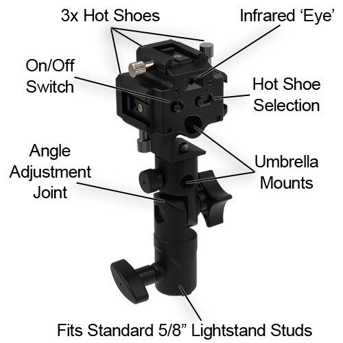 Triple Flash Umbrella Bracket w/ Light Stand Mount - Optical or PC Sync Trigger
