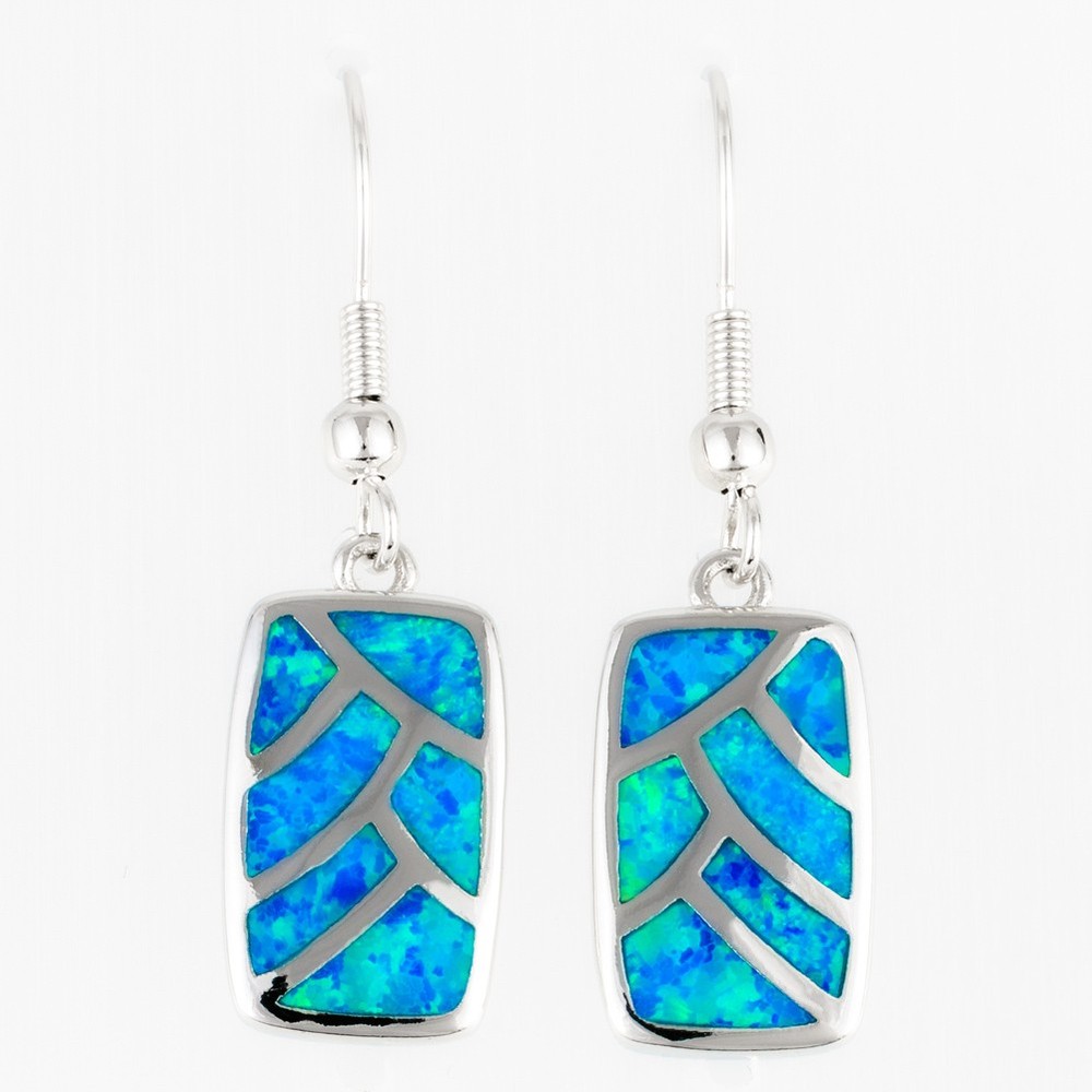 Rectangle Shape Ocean Blue Fire Opal Silver Jewelry Dangle Drop Earrings