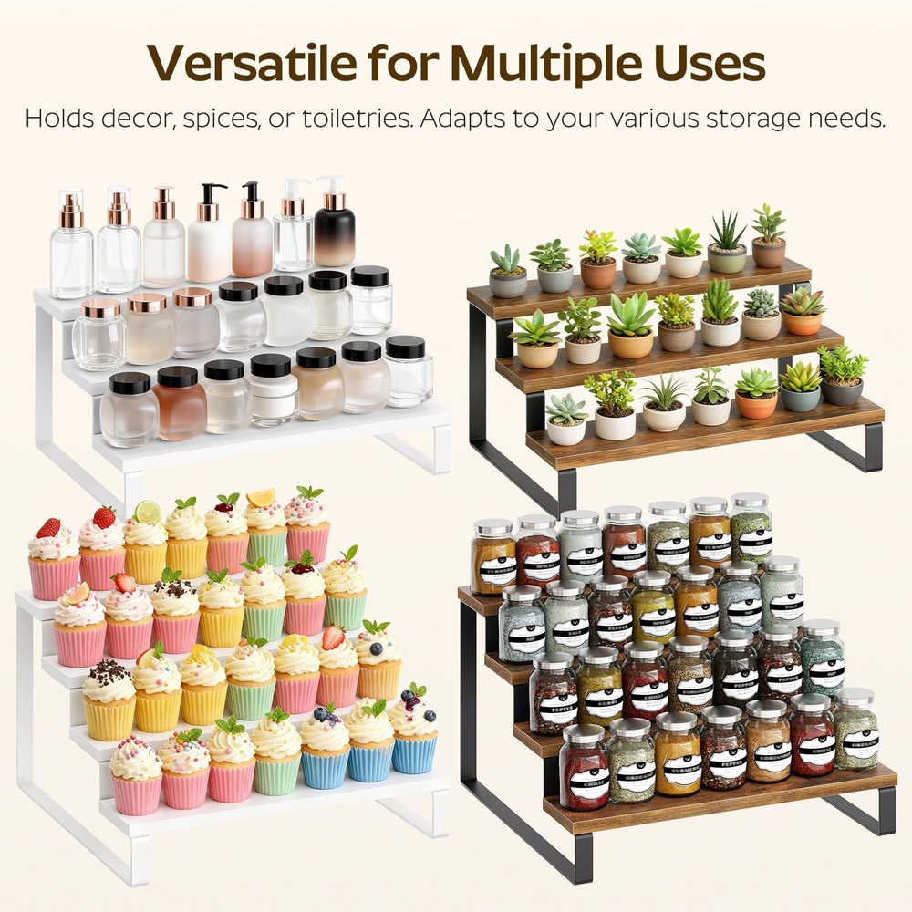 3 Tier Wooden Display Riser Stand Rustic Brown Spice Rack Kitchen Storage