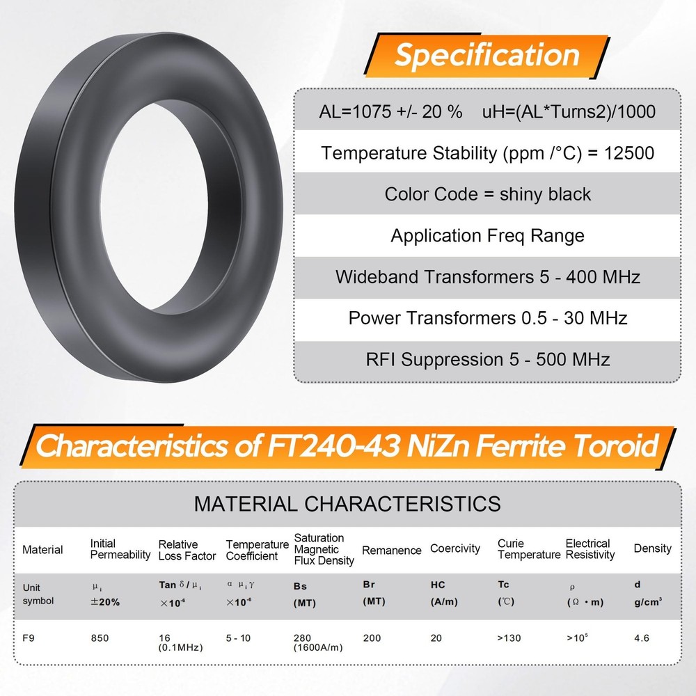 2 Pack Toroid Ferrite Core Compatible with FT240-43 Ring 2.4in Noise Reducer New