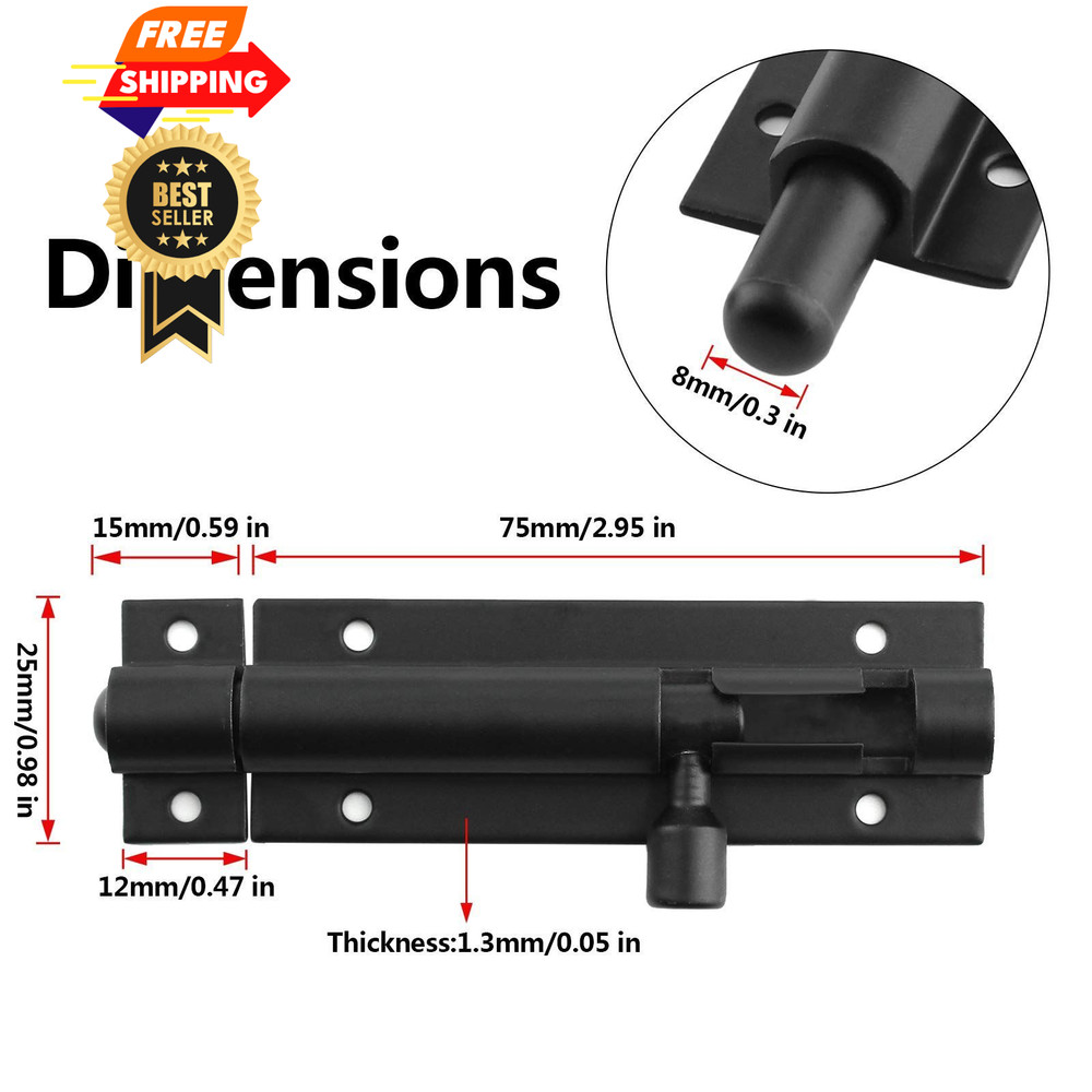 BokWin 2Pcs 3 Inch Door Latch Lock Slide Bolt, Solid 3 Inch(2 pcs), Black