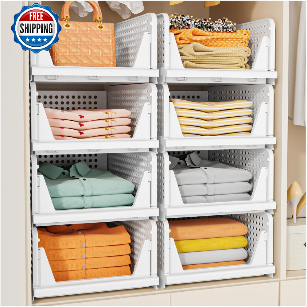 SNSLXH 5 Pack Stackable Closet Storage Basket, Multifunctional & Foldable Closet