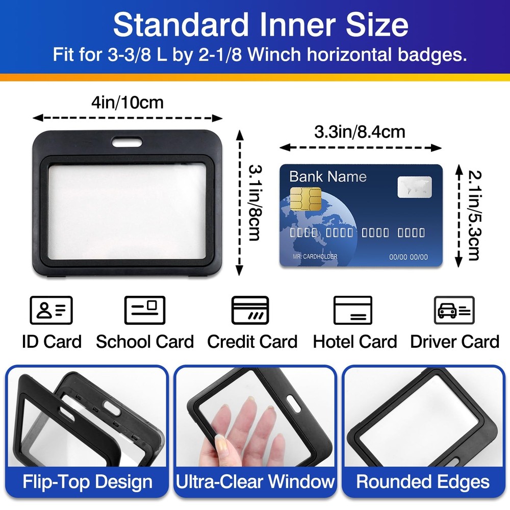 3Pack Horizontal Hard Plastic ID Badge Holders – DoubleSided Black Card Case ...