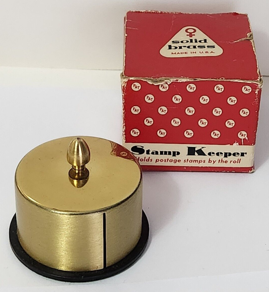 Vtg Mint Solid Brass postage roll Stamp Keeper 1950s USA