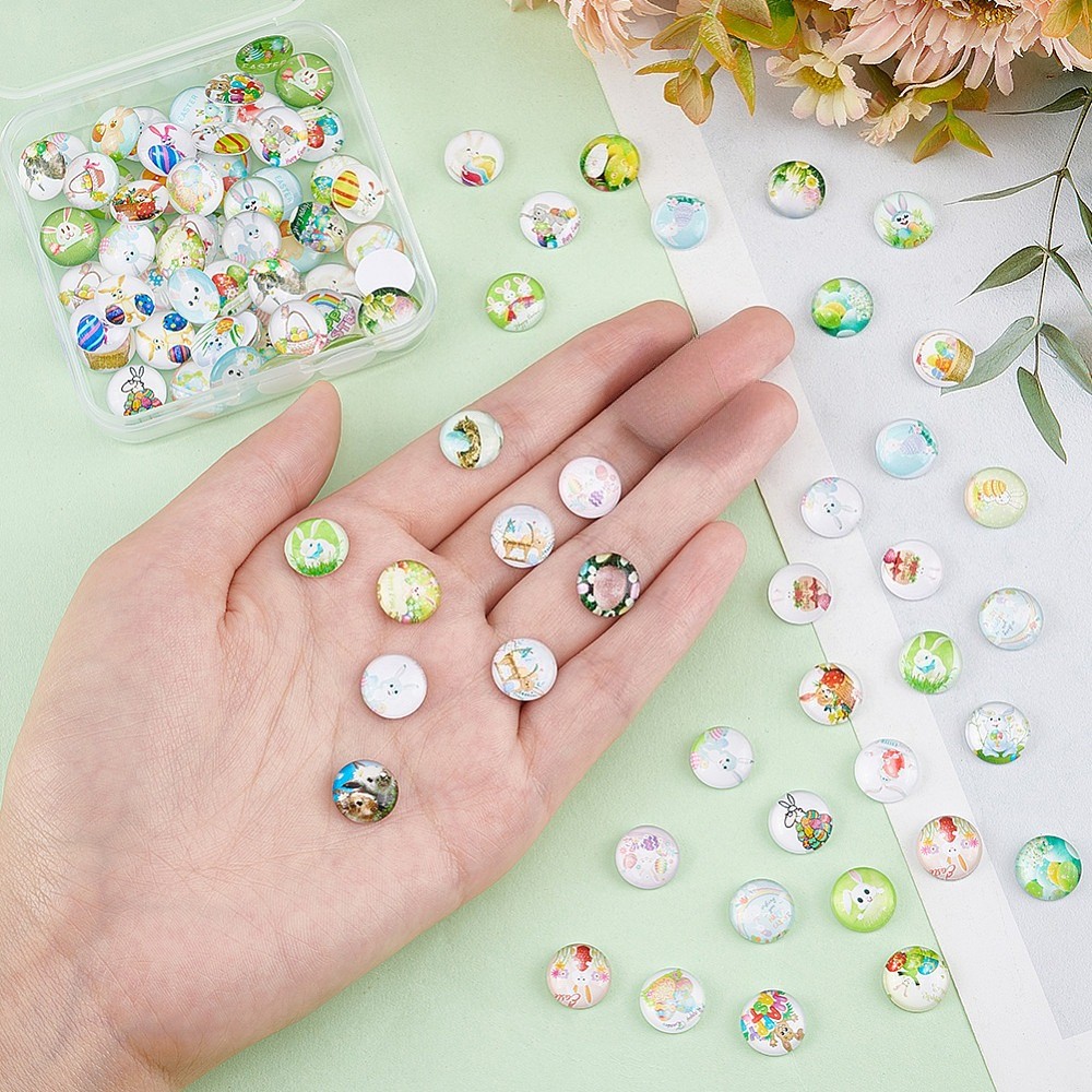 1box 100pcs Easter Rabbit Eggs Glass Cabochons 50 styles 12mm Half