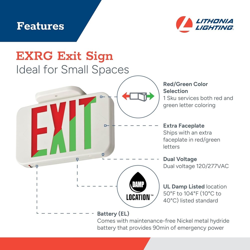 Lithonia Lighting Single-Sided LED Exit Sign, Thermoplastic Construction, Switch