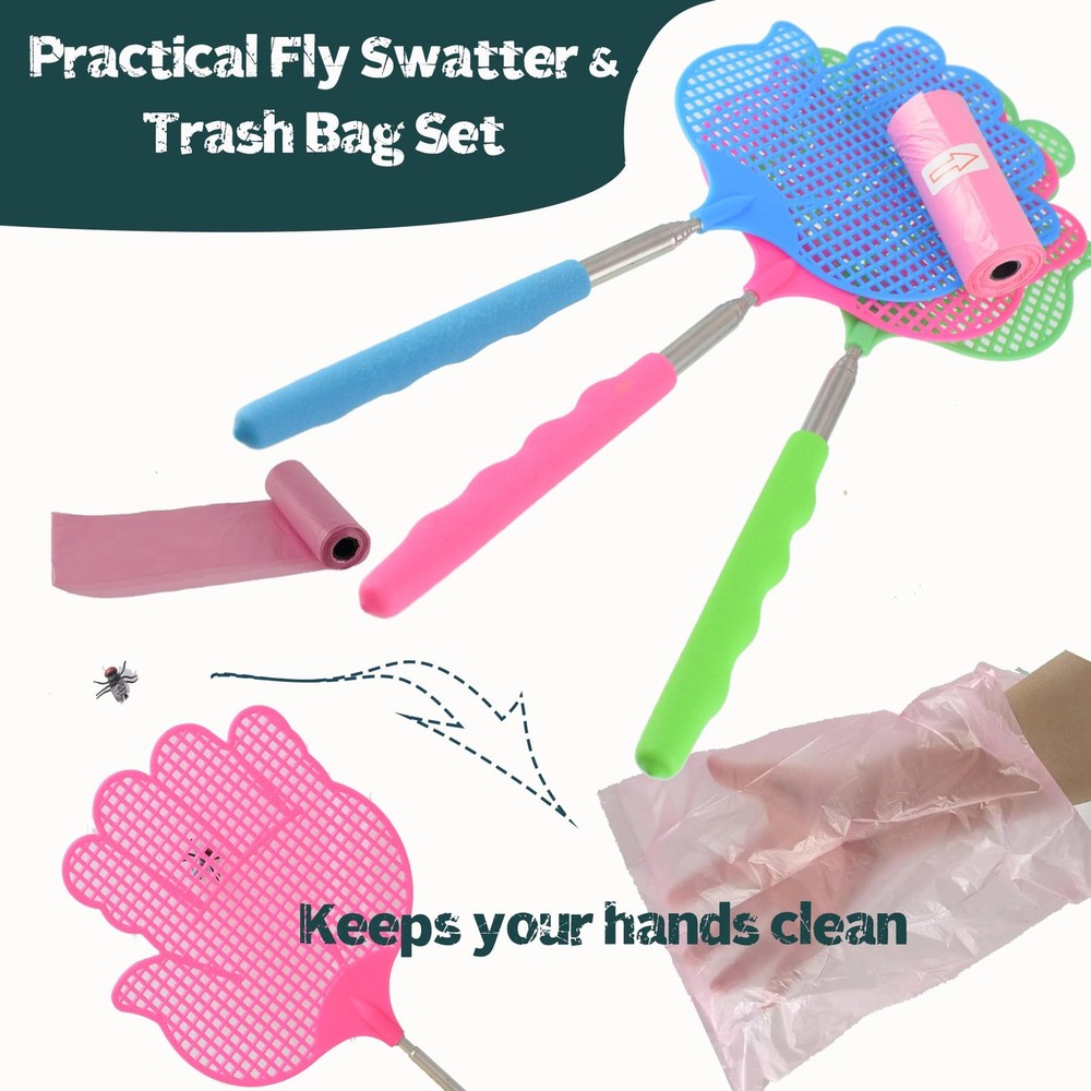3 Pack Extendable Fly Swatter Stainless Steel Hand One Size, 3