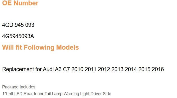 Left LED Rear Inner Tail Lamp Warning Light Driver Side Replacement for Audi A6