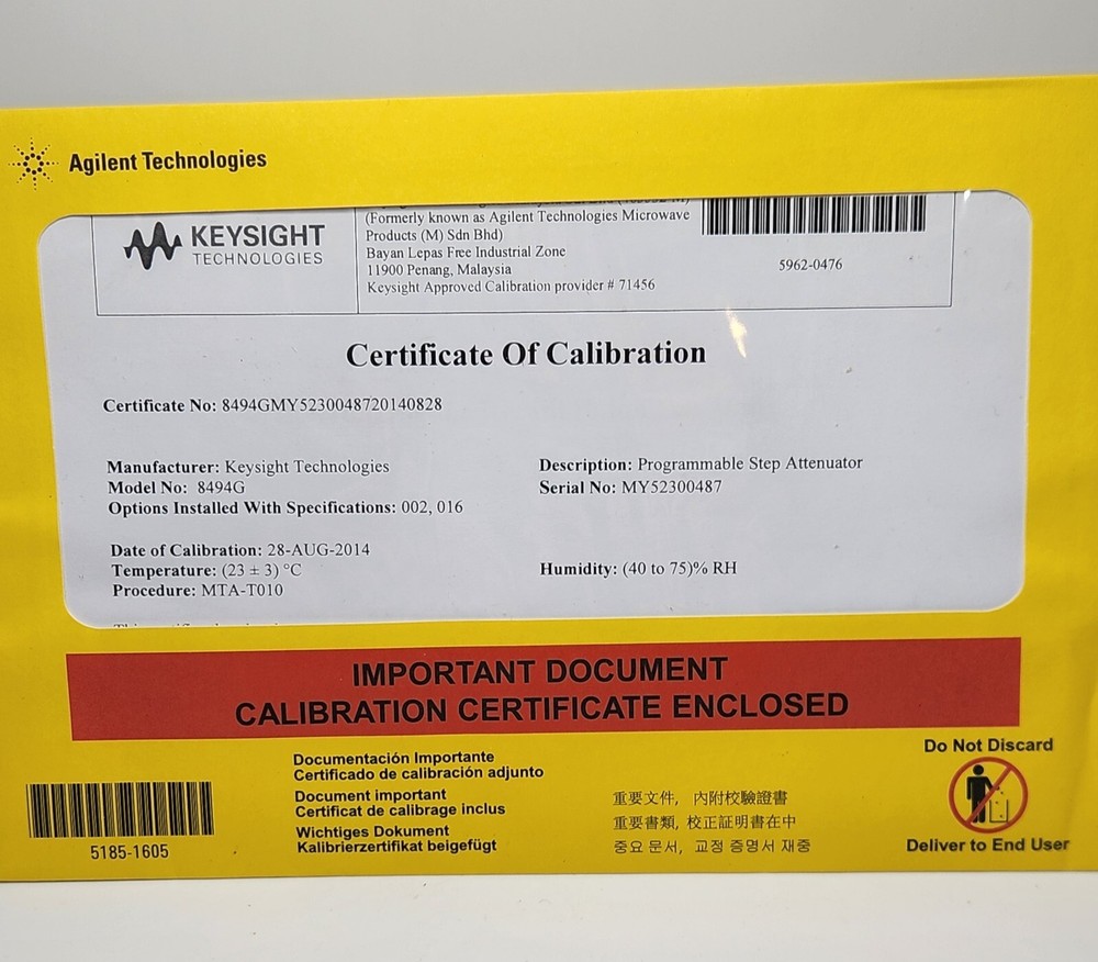 Keysight / Agilent 8494G Opt: /002/016 Programmable Step Attenuator DC 4GHz