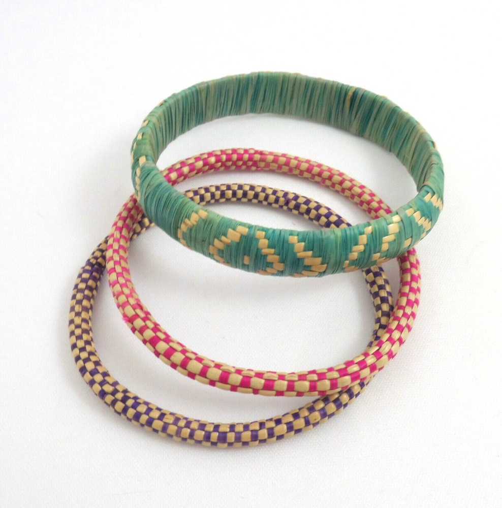3 VTG Handmade Straw Weave Bangle Bracelets Multi Colored Native Design