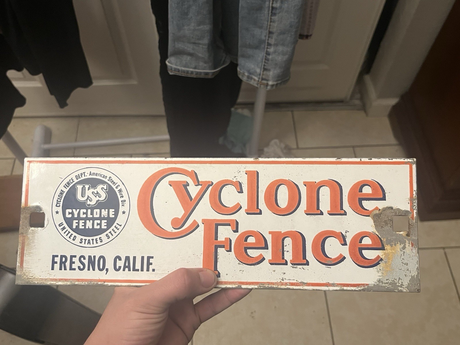 USS CYCLONE FENCE Porcelain Sign FRESNO, CALIF. -RARE!