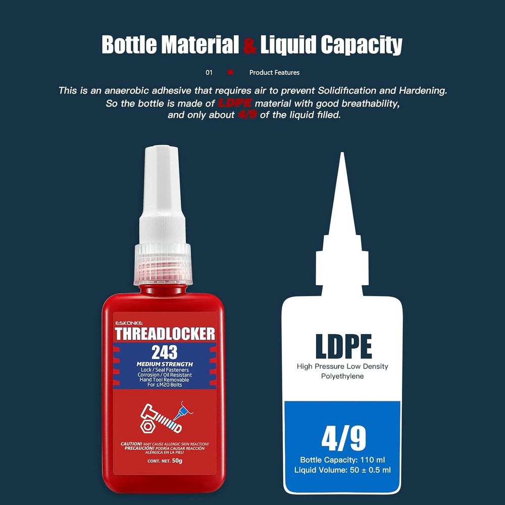 Thread Locker Blue 243 - Removable Threadlocker Metal Glue for Nuts, Bolts, Fast