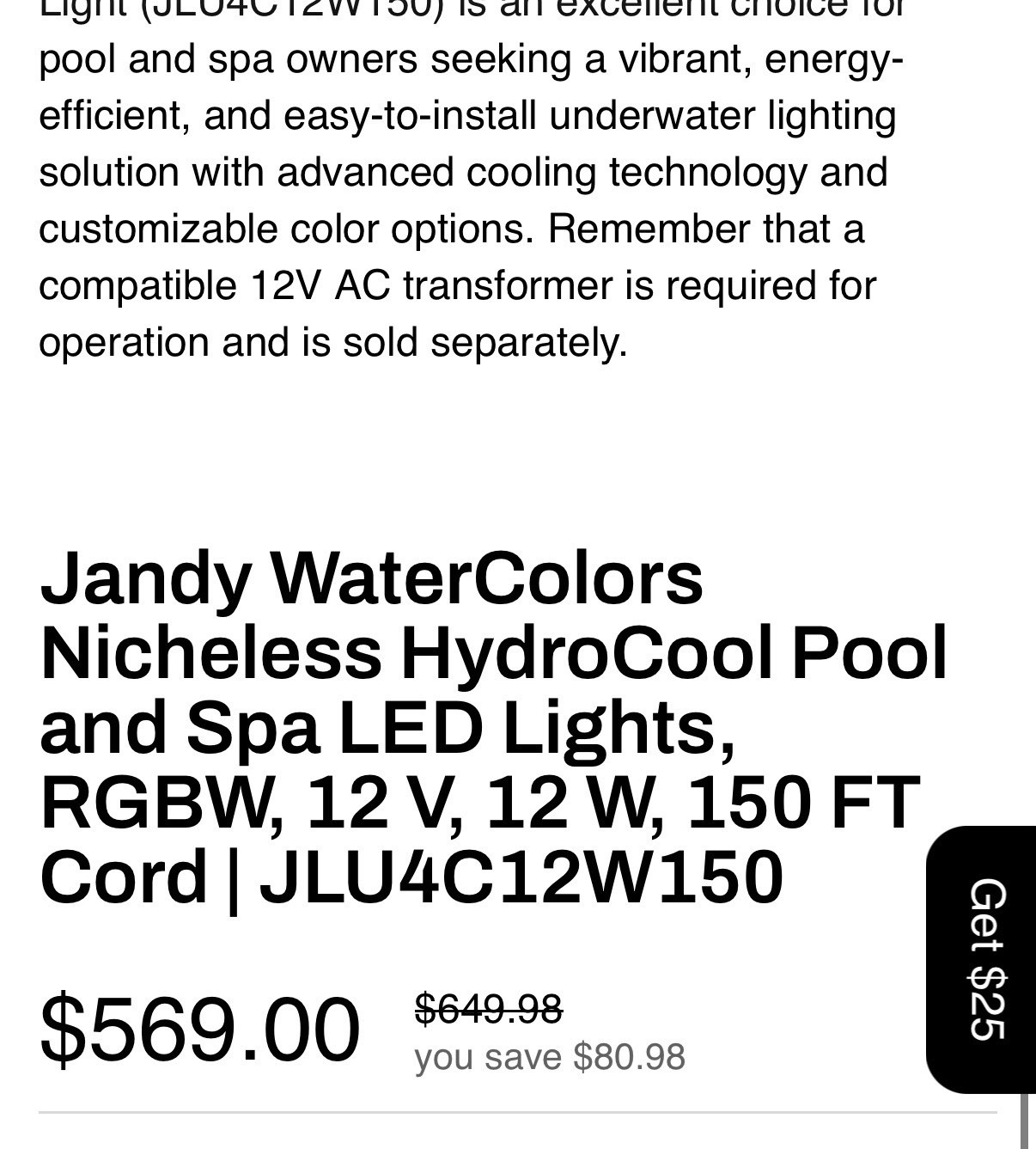 Jandy WaterColors HydroCool Nicheless LED RGBW Pool Spa Light JLU4C12W150