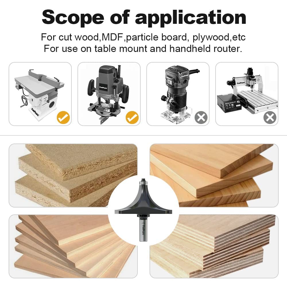 FivePears 1-1/2" Radius Roundover Router Bit, 1/2" Shank Woodworking Tool