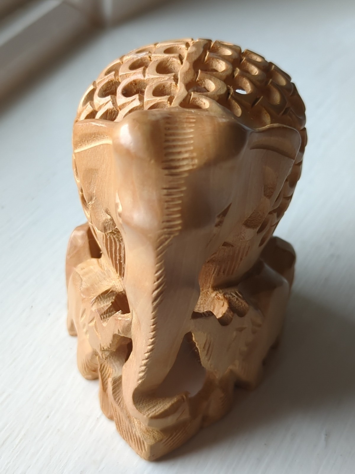 Hand Carved Wooden Elephant Family w/Baby Inside Figurine 3" Tall Intricate