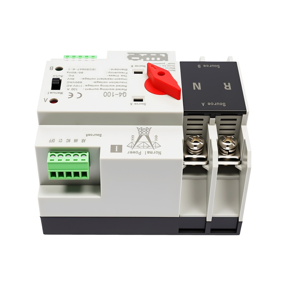 DIN Rail Mount Dual Power Transfer Switch, 2P 100 Amp Automatic Transfer Switch