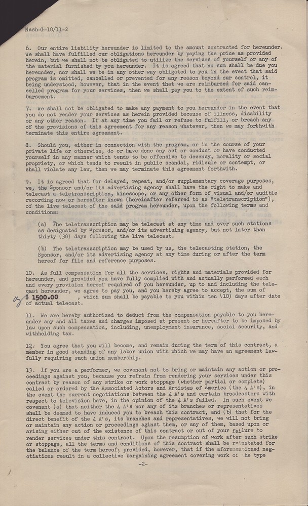 DANE CLARK - CONTRACT SIGNED 10/23/1950