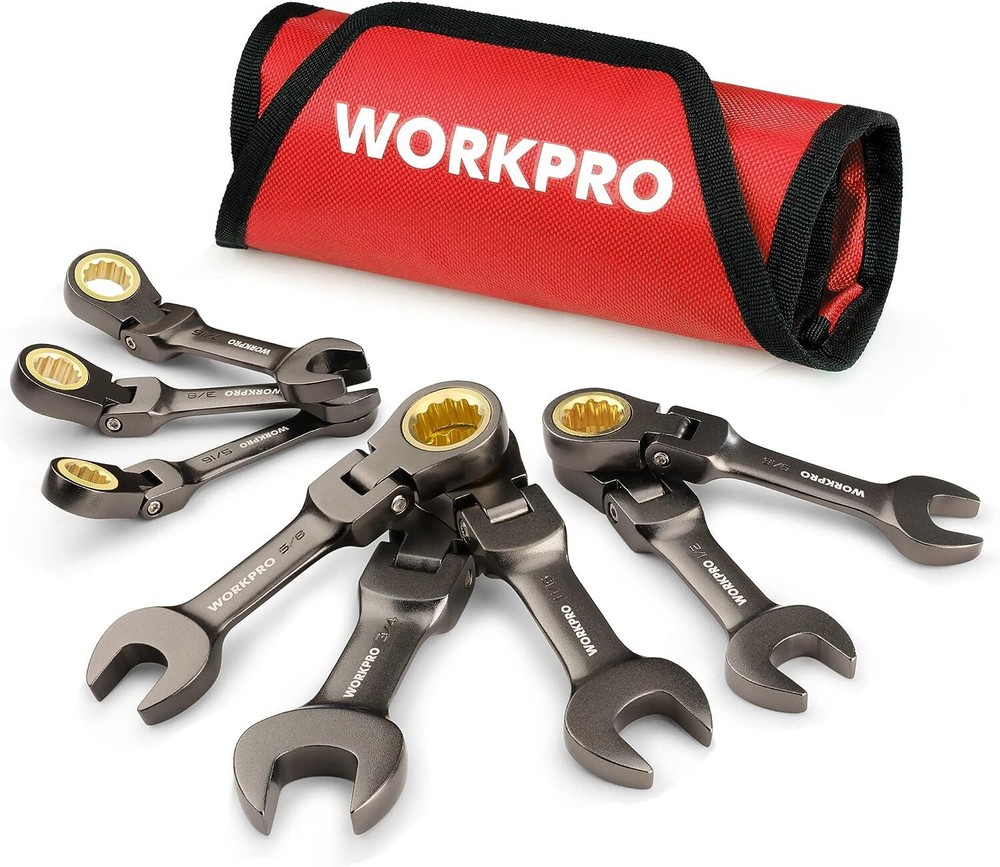 WORKPRO 8PCS Flex-Head Stubby Ratcheting Combination Wrench Set w/Rolling Pouch