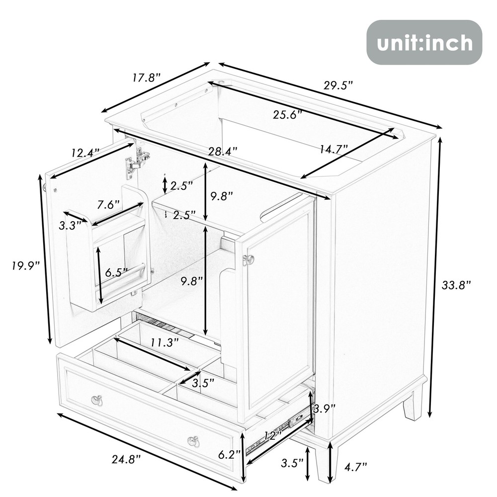 30" Bathroom Vanity without Sink, Base Only, Multi-functional Bathroom Cabinet