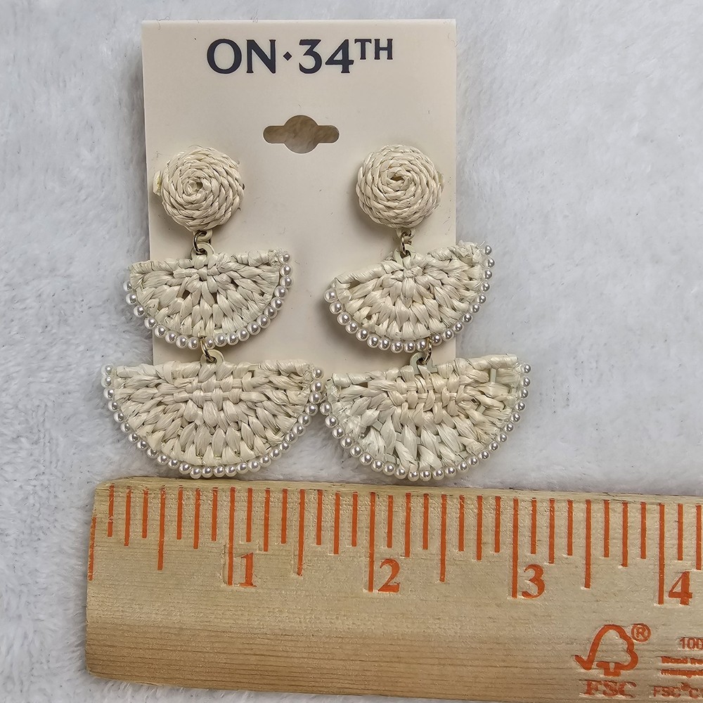 On 34th White Woven Statement Earrings Boho Raffia Beaded