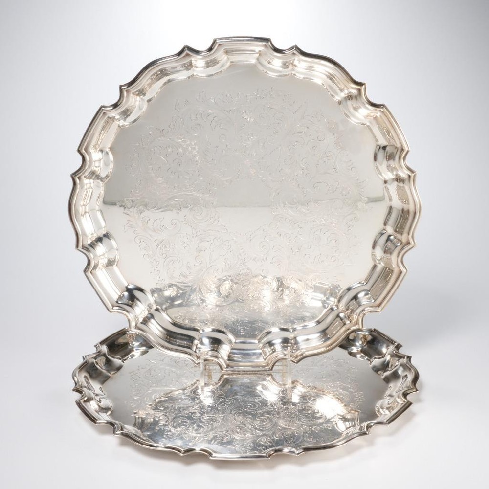 Two (2) Vtg Towle Silver Plated Serving Trays with Fluted Edge Floral Engraving