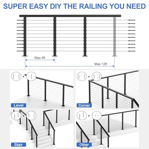 4-12ft Complete Set6" Cable Railing Post Kits, Stainless Level Post Kits 3