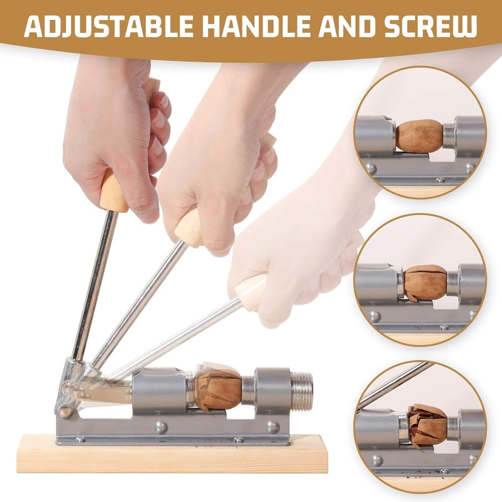 Heavy Duty Pecan Nut Cracker Tool with 4 Picks, Wood Base & Handle