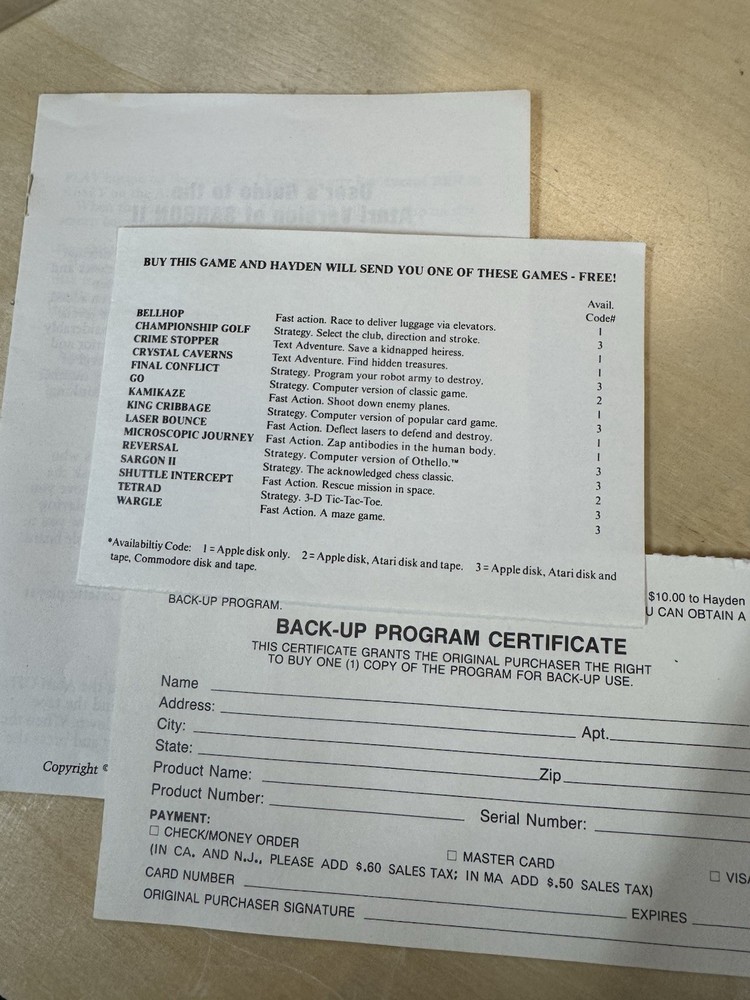 Hayden Software Sargon II Chess for Atari with Manual & Floppy Disk